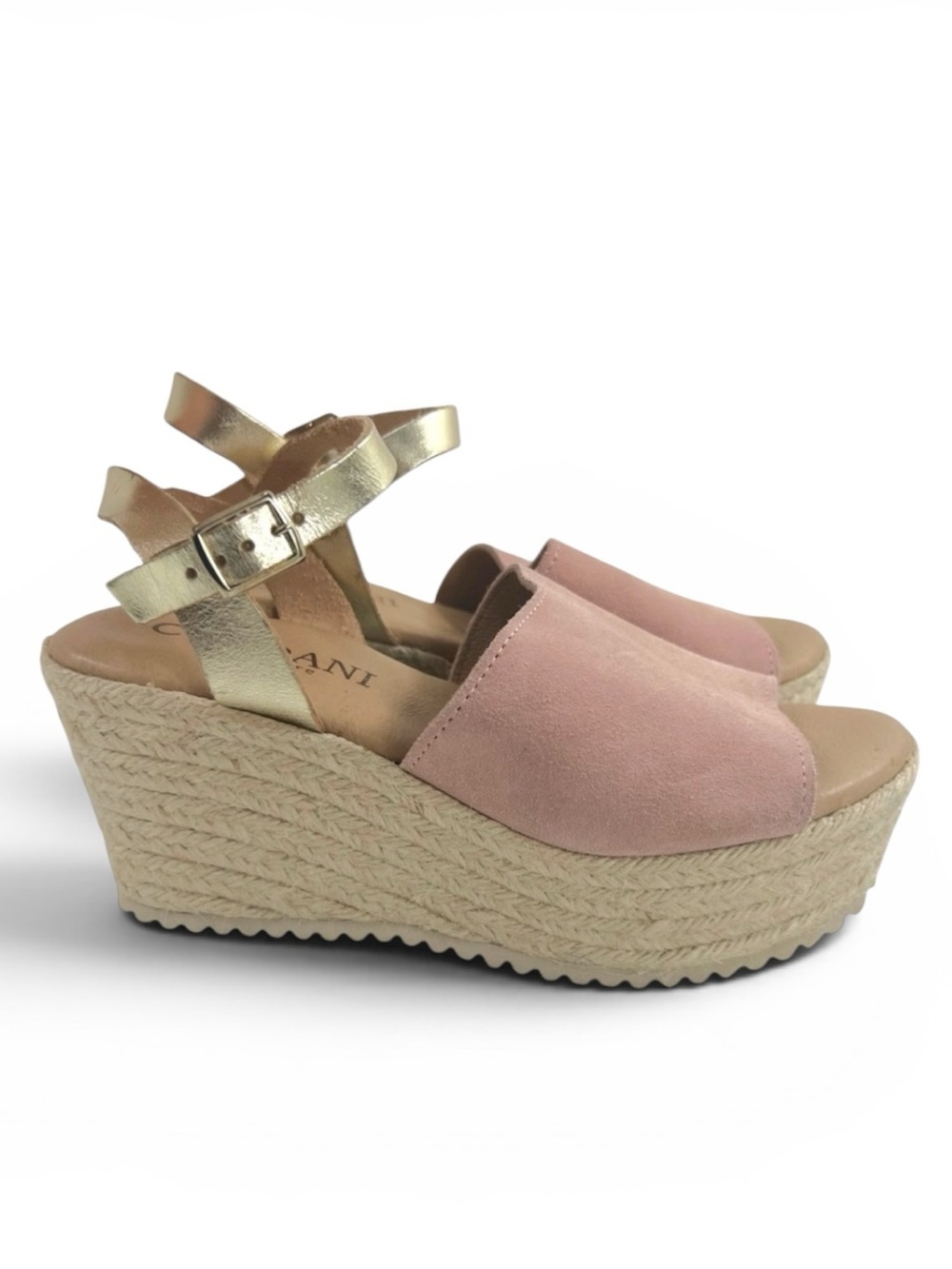 Cordani Blush Pink Suede and Gold Strap Espadrille Sandals
